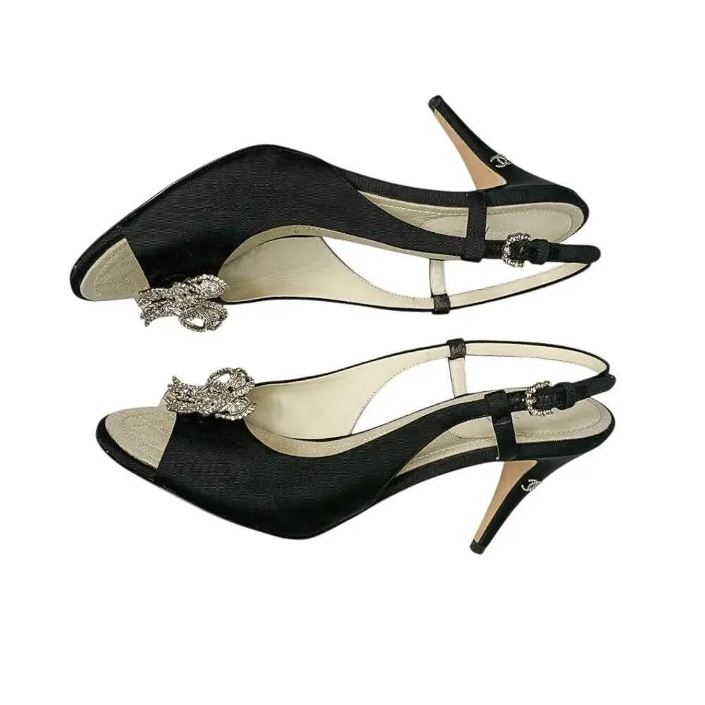 Chanel Slingback Sandal Grosgrain Crystal CC Logo Bow Heels EU 38 Black Peep Toe - Picture 6 of 12
